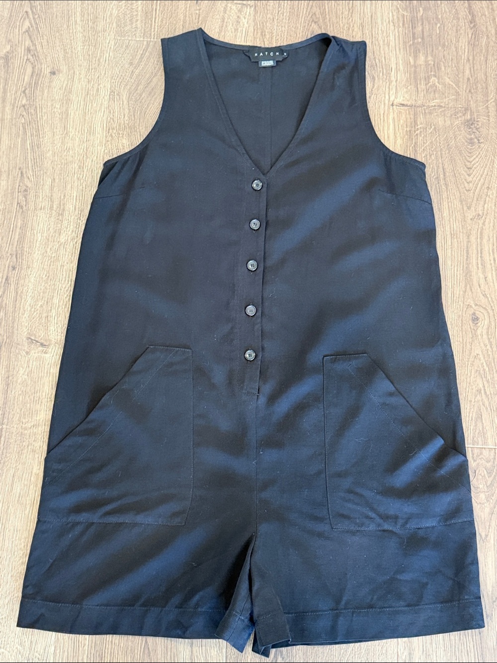 HATCH Collection Black Textured V-Neck Romper Jumpsuit Shorts Pockets Size 2